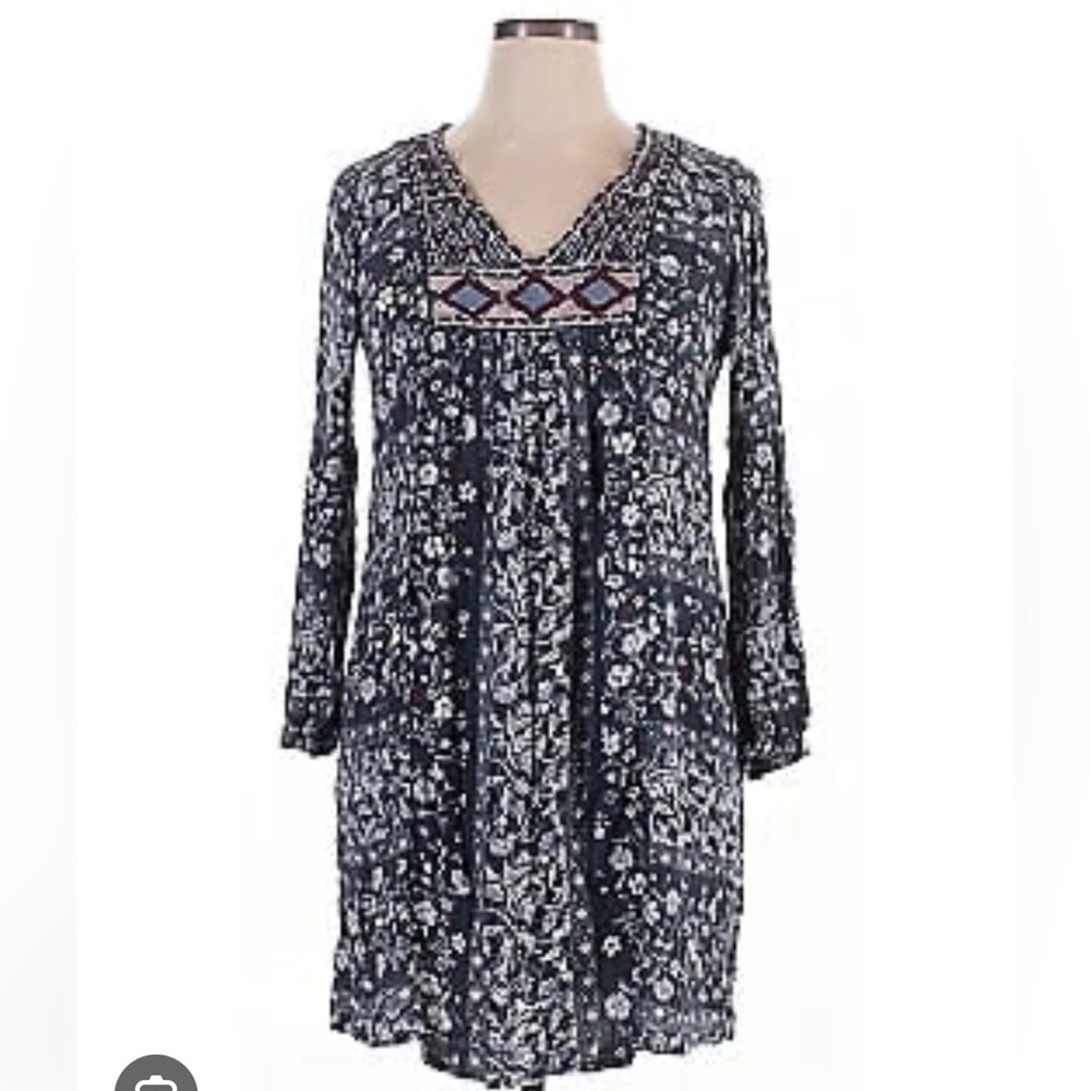 Knox Rose Bohemian Dress Embroidered Rayon Floral Knee Length Blue Size S